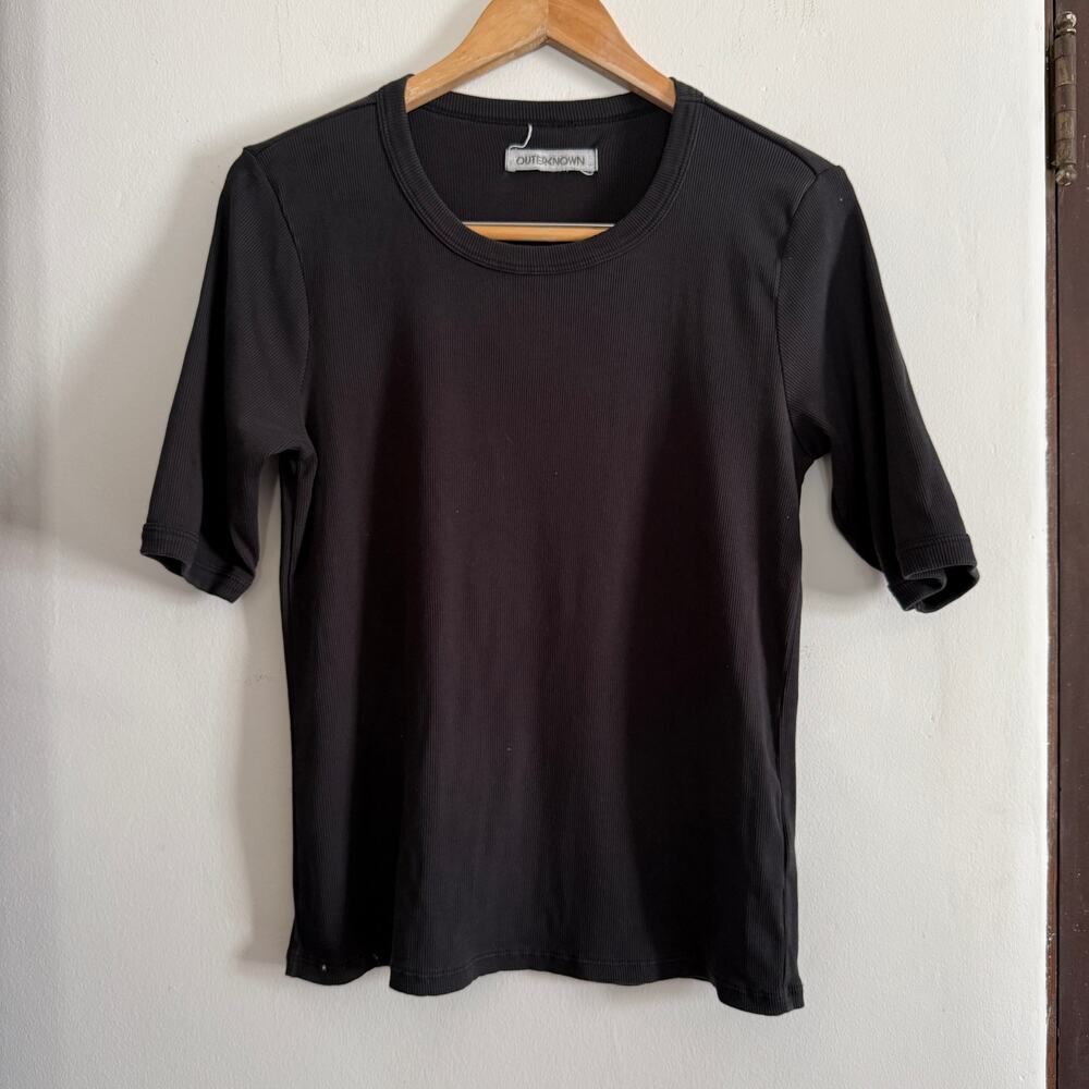 OUTERKNOWN | Black Sojurn Ribbed Elbow Sleeve Crew Neck Tee Shirt | Large